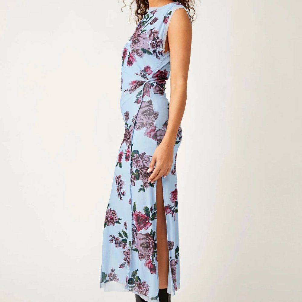 Free People Sky Blue Floral Midi Dress with Purple & Pink Roses